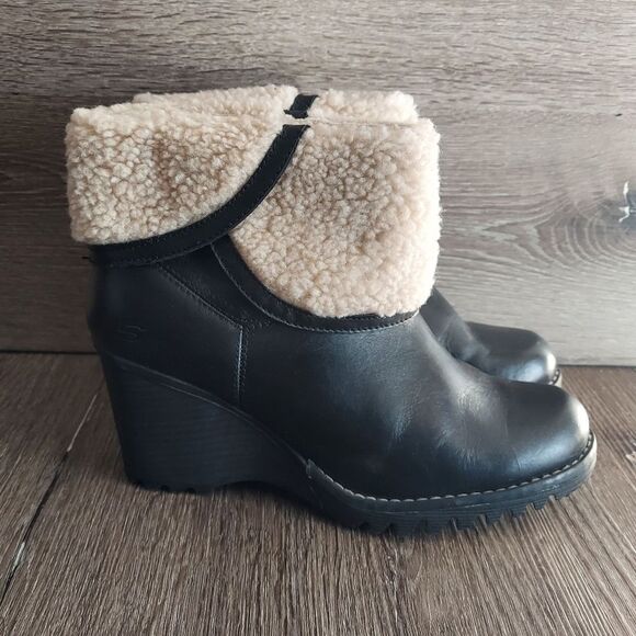 Skechers Parallel Shearling Ankle Boots in Black Leather Size 10 - Picture 1 of 10